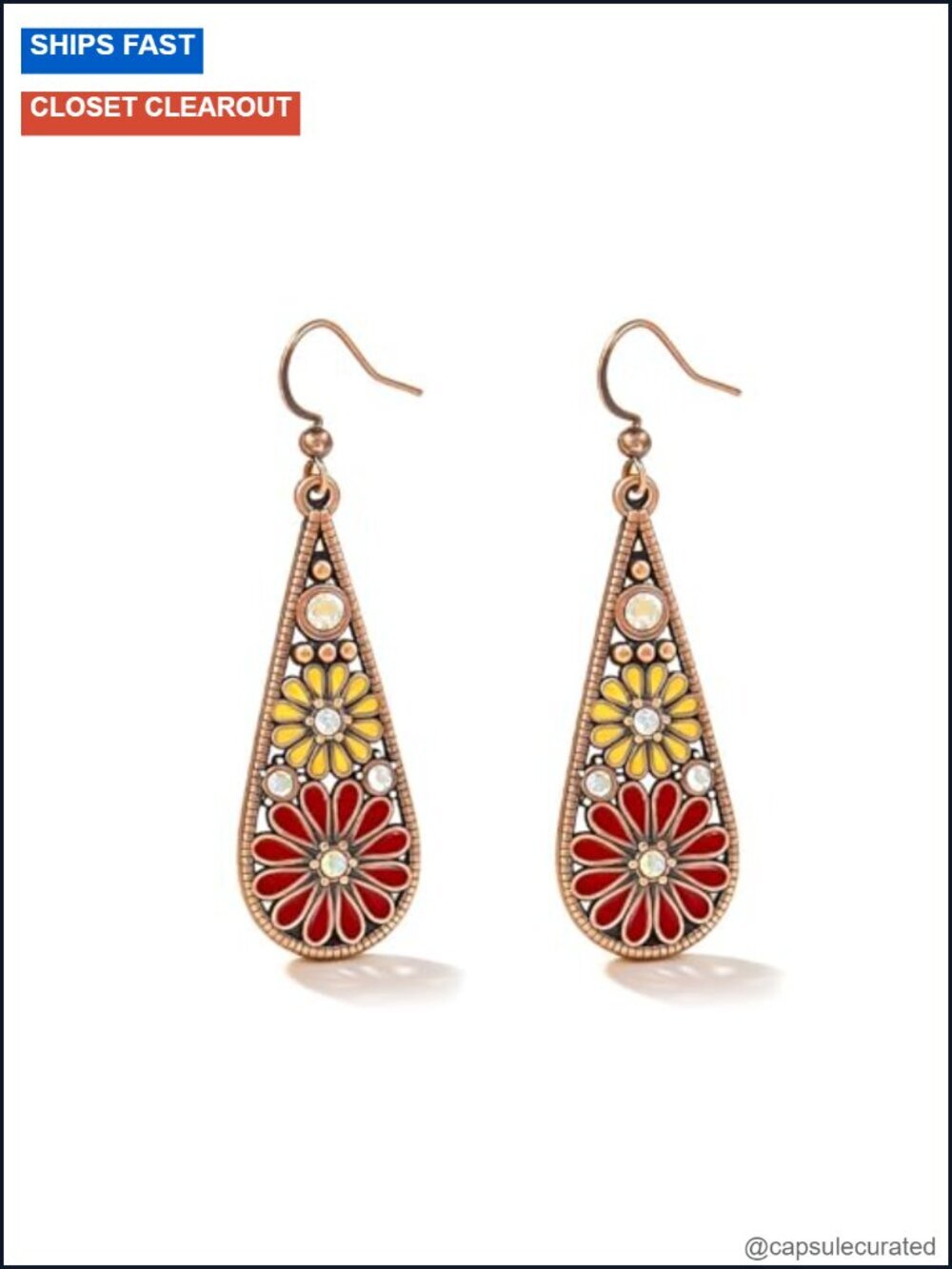 Boho Flower Dangle Earrings Olive Teardrop Vintage Western Jewelry